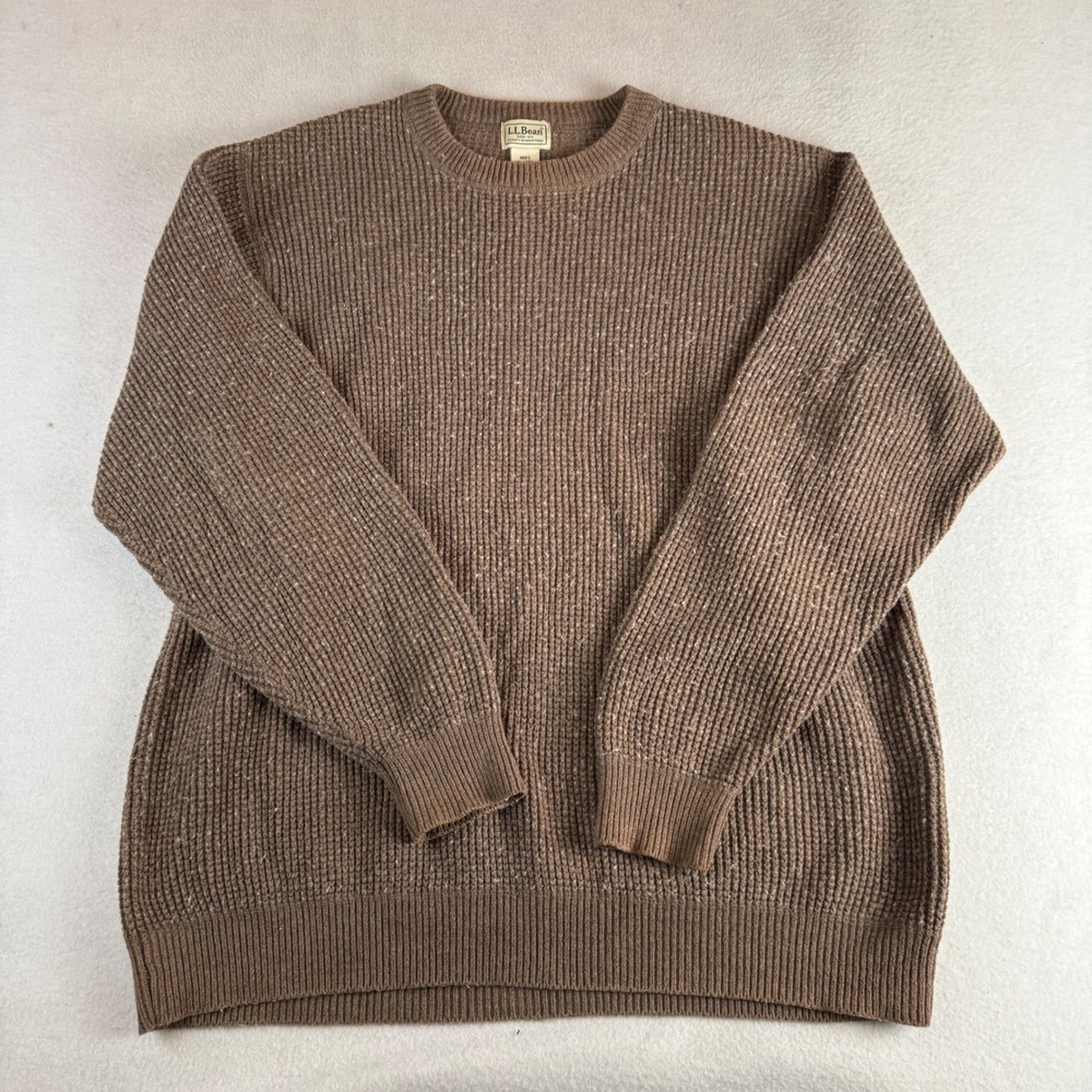 LL Bean Mens XL Tall Brown Waffle Knit Cotton Wool Blend Crewneck Sweater OYR38